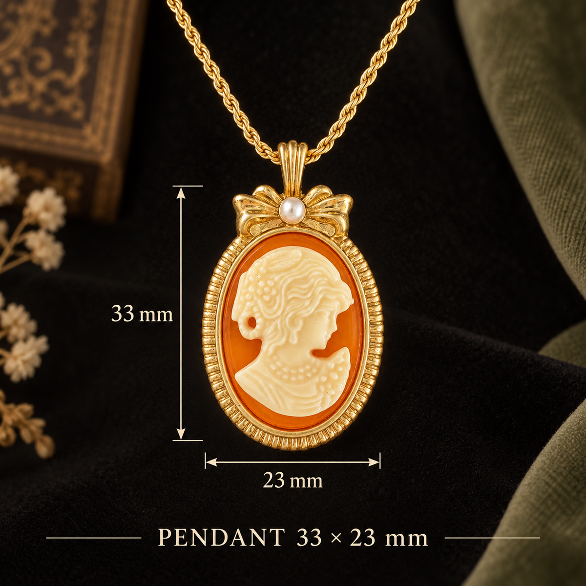 Vintage Amber Cameo Necklace | 18K Gold-Plated Resin Pendant for Business Elite Women