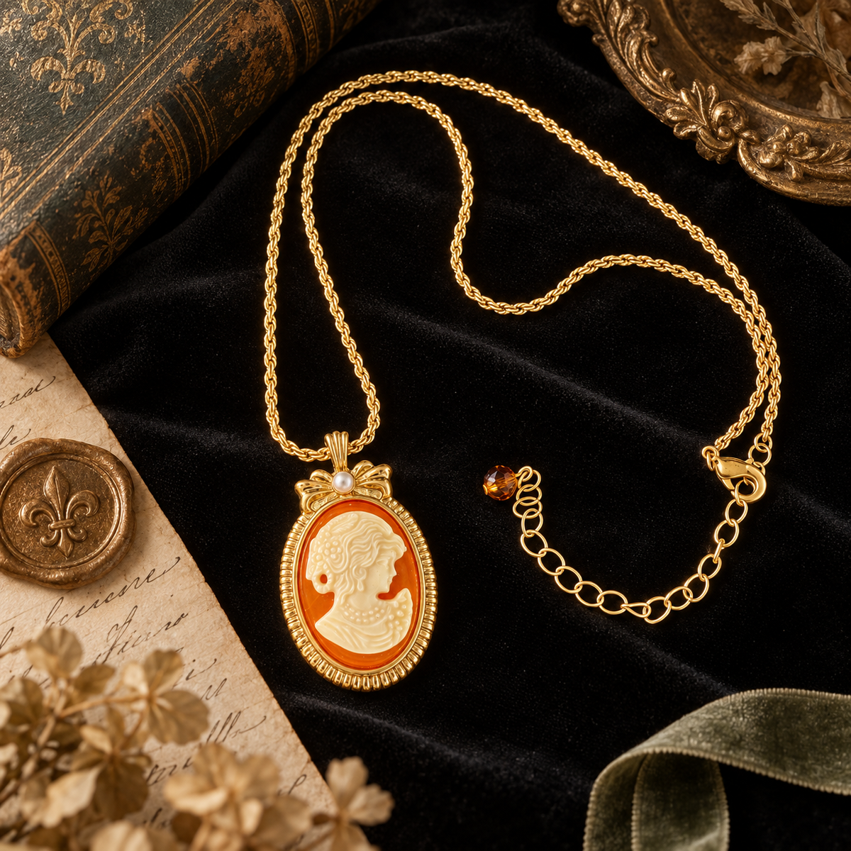 Vintage Amber Cameo Necklace | 18K Gold-Plated Resin Pendant for Business Elite Women