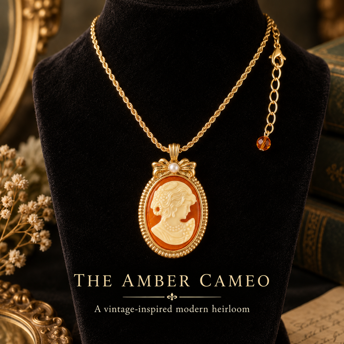 Vintage Amber Cameo Necklace | 18K Gold-Plated Resin Pendant for Business Elite Women