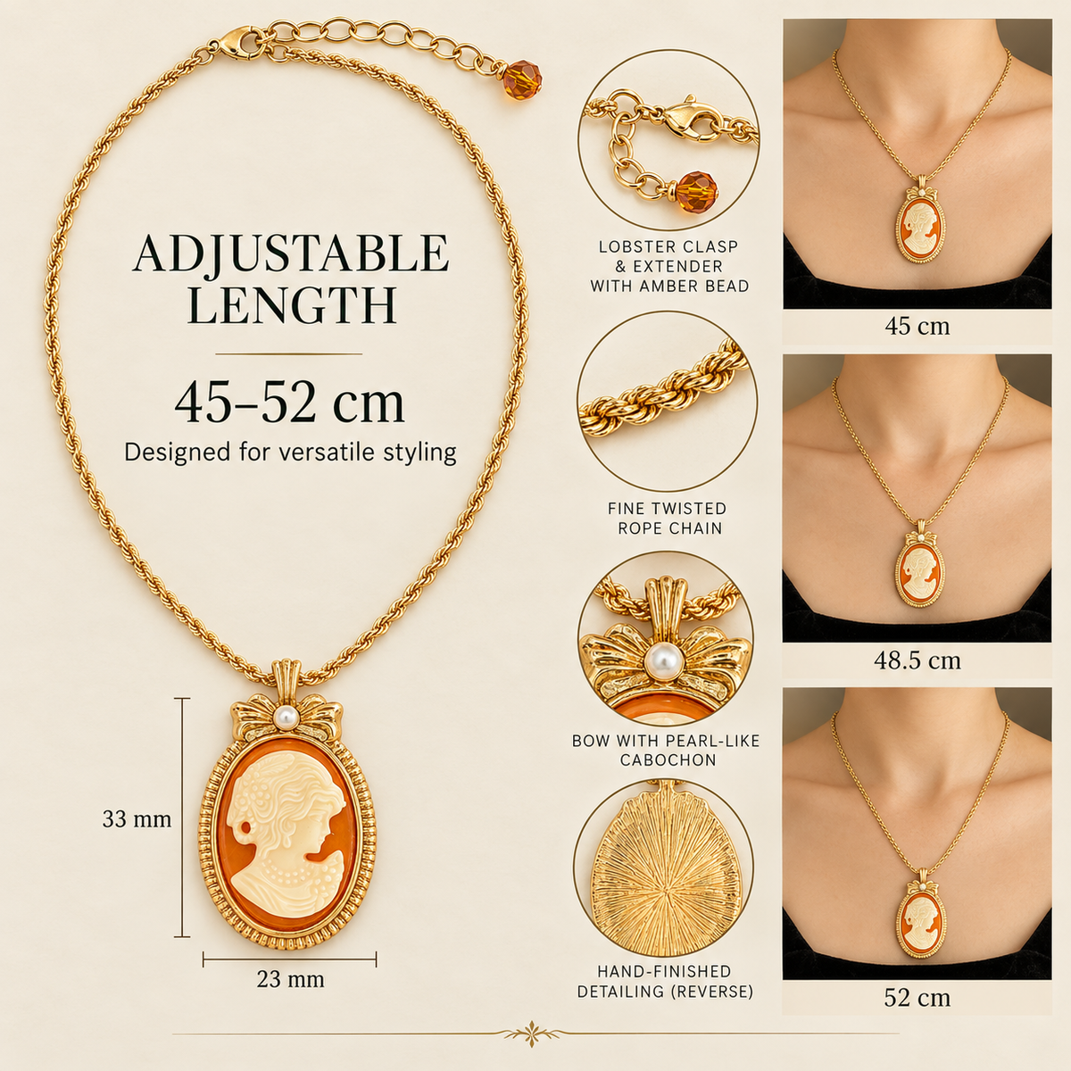 Vintage Amber Cameo Necklace | 18K Gold-Plated Resin Pendant for Business Elite Women
