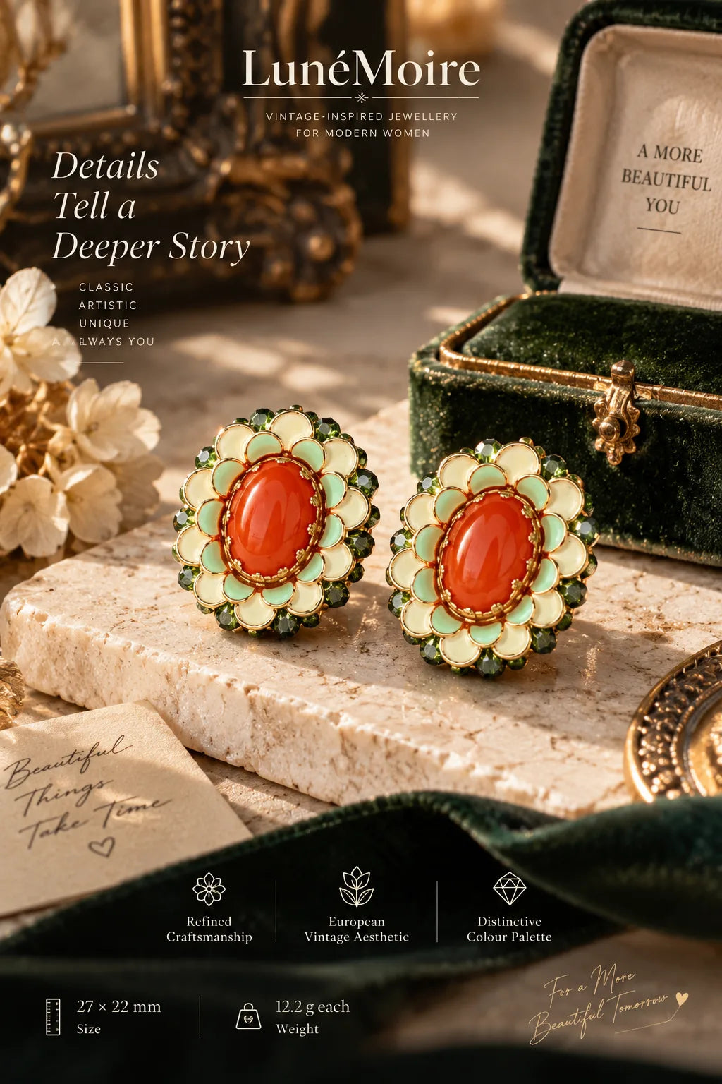 Vintage-style poster of Enameled Emerald & Crimson Heart statement earrings