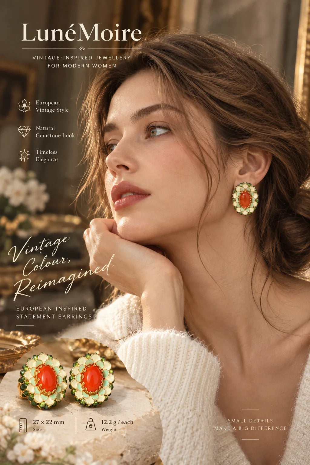 European vintage model wearing crimson agate enamel statement earrings, poster
