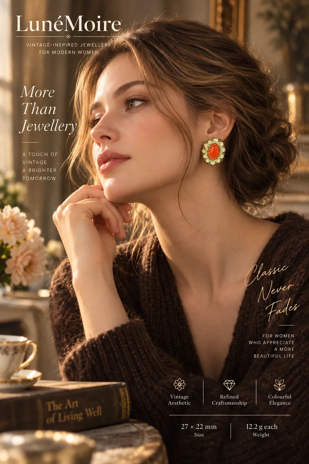 Model in autumn-elegant styling wearing Enameled Emerald & Crimson Heart earrings, poster

