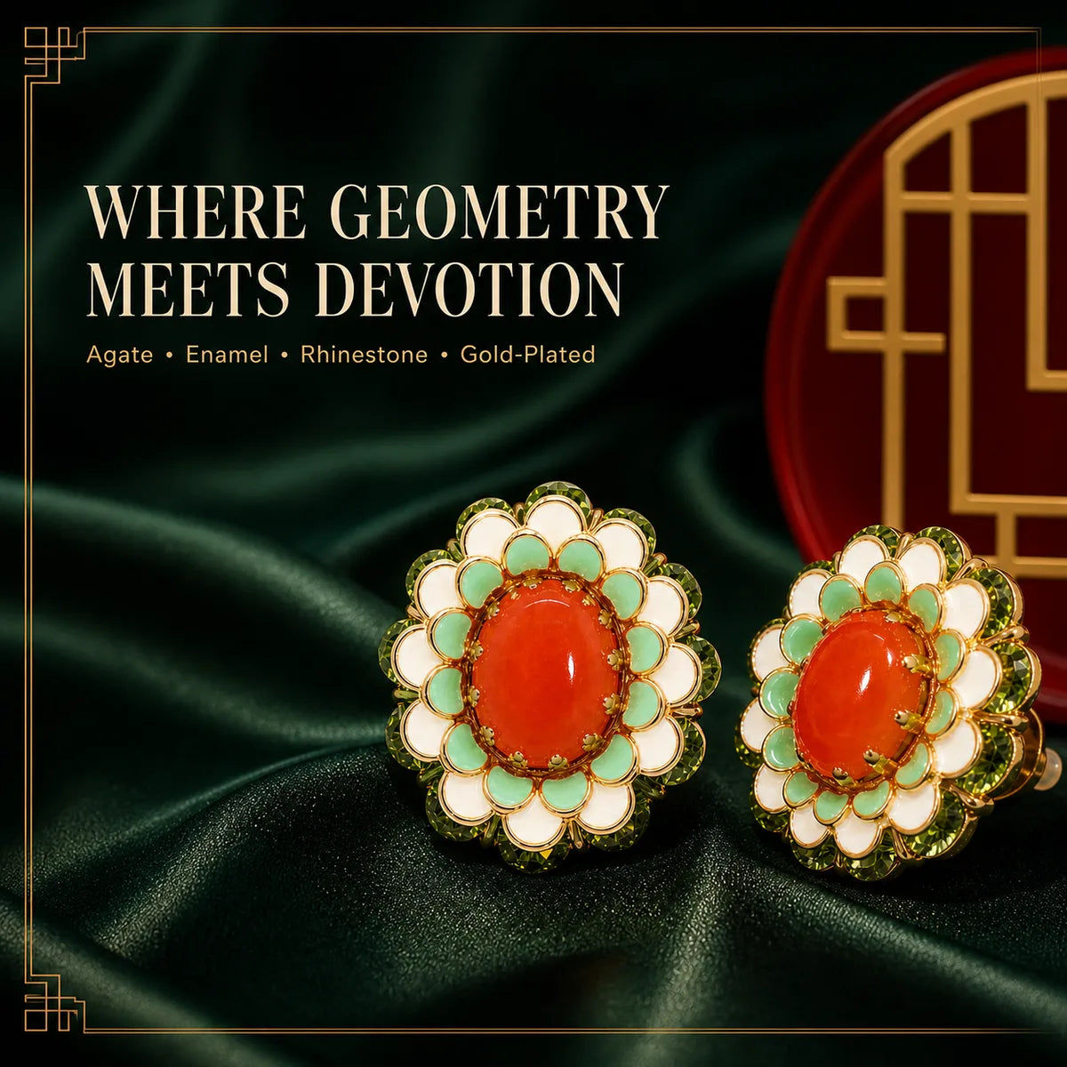 Crimson agate enamel earrings hero detail, square crop