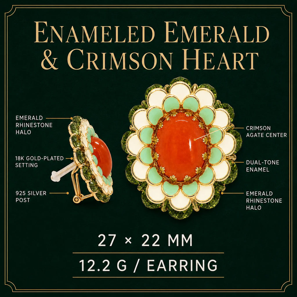 Earring specifications chart: agate, enamel, rhinestones, 27 by 22 mm, square format