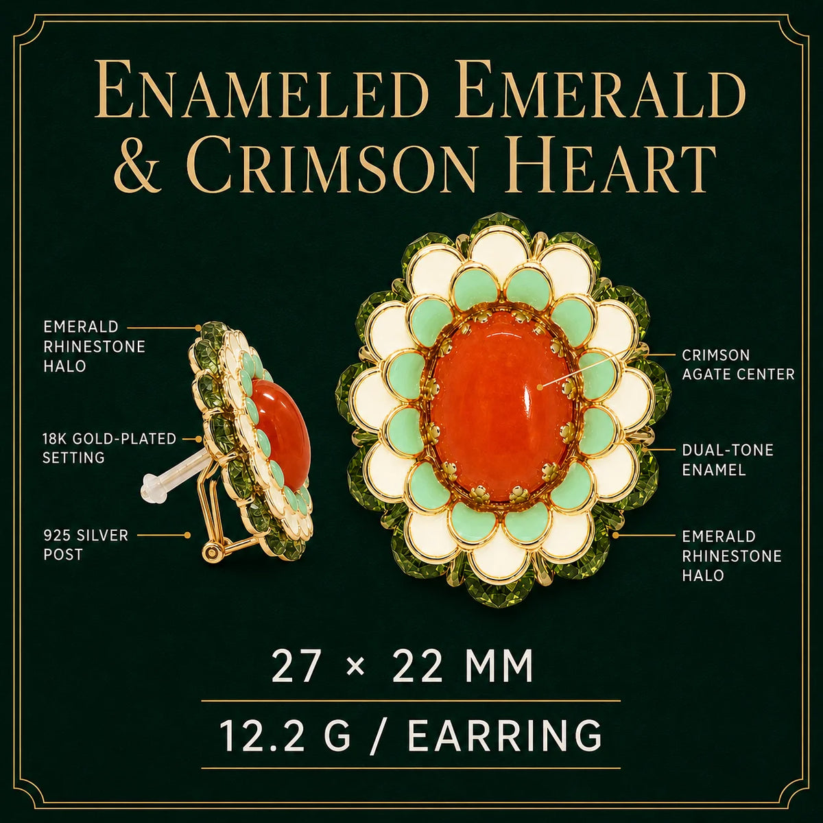 Earring specifications chart: agate, enamel, rhinestones, 27 by 22 mm, square format