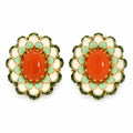 Pair of Enameled Emerald & Crimson Heart crimson agate enamel earrings on white background