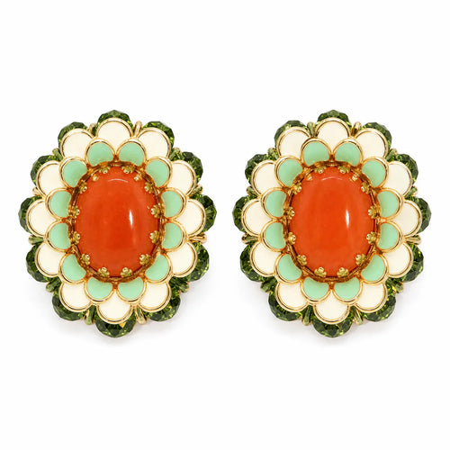 Pair of Enameled Emerald & Crimson Heart crimson agate enamel earrings on white background
