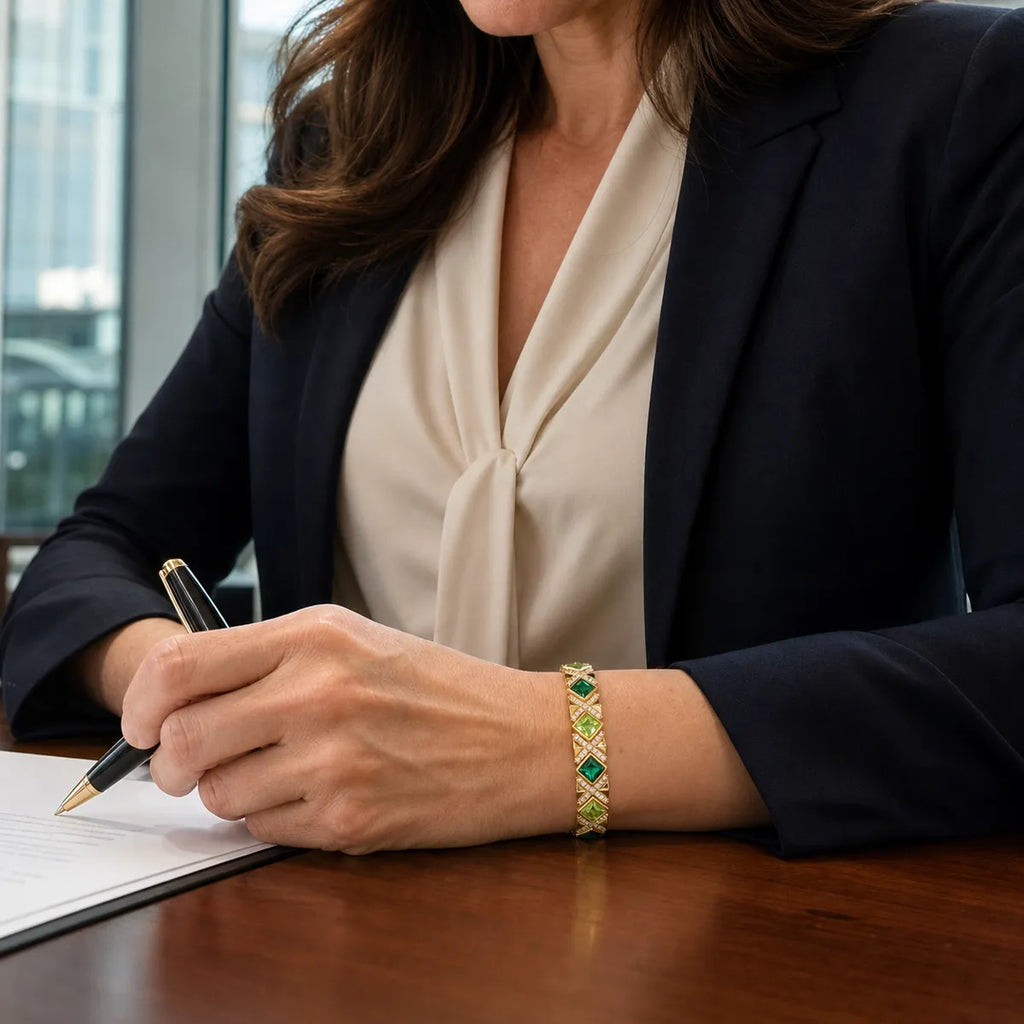Gilded Epoch green statement bracelet styled with tailored office wear