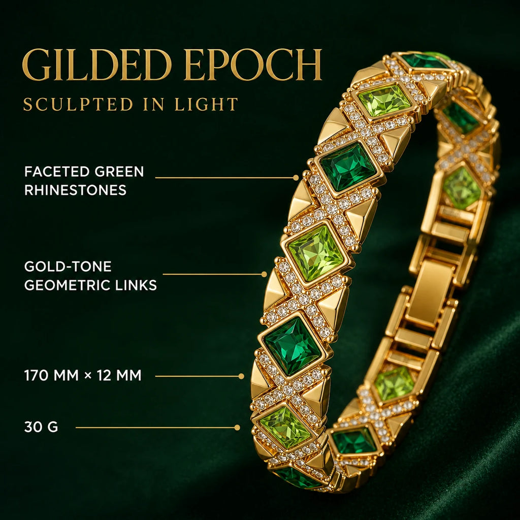 Gilded Epoch bracelet specifications: 170 mm length, 12 mm width, approx. 30 g, green faceted stones and gold-tone links