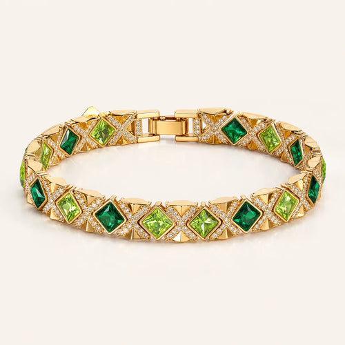 Gilded Epoch green statement bracelet with gold-tone geometric links on white background, 170 mm