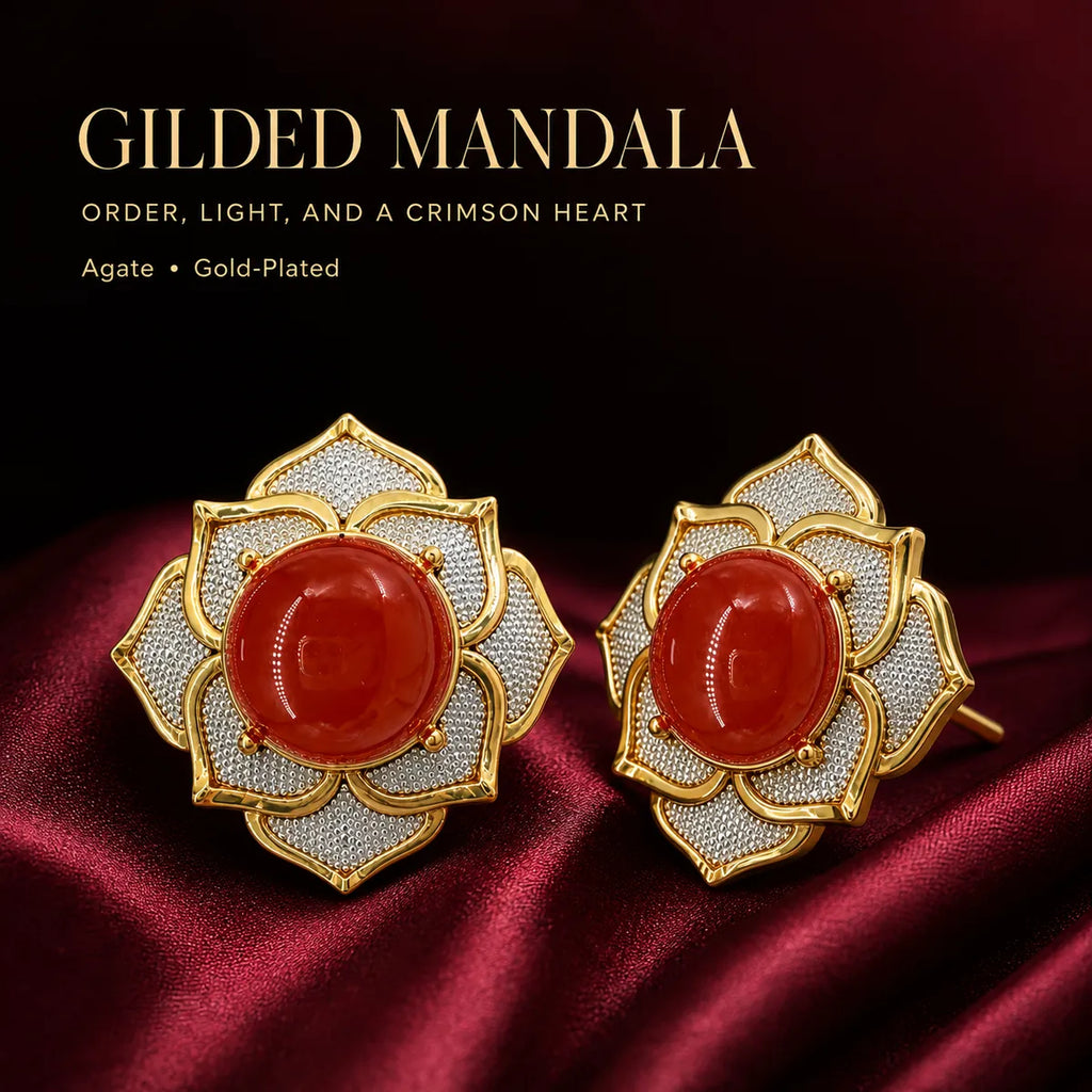 Gilded Mandala Red Agate Statement Earrings