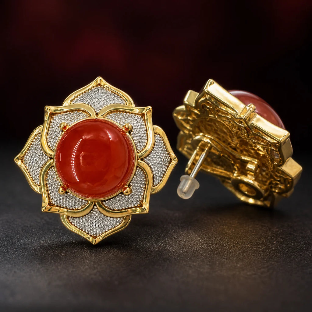 Macro detail of gold-plated Gilded Mandala earrings showing agate center and mandala petals