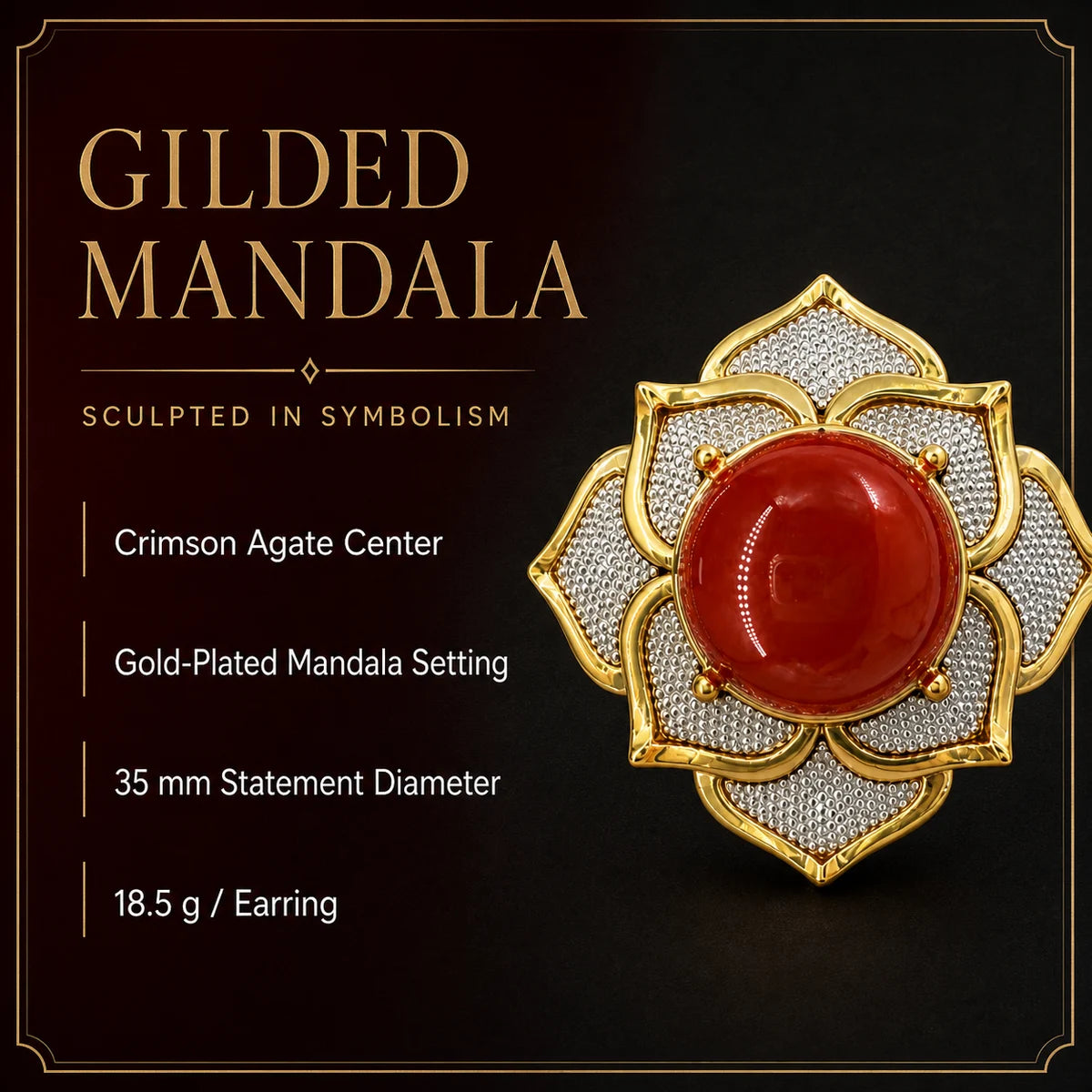 Gilded Mandala Red Agate Statement Earrings