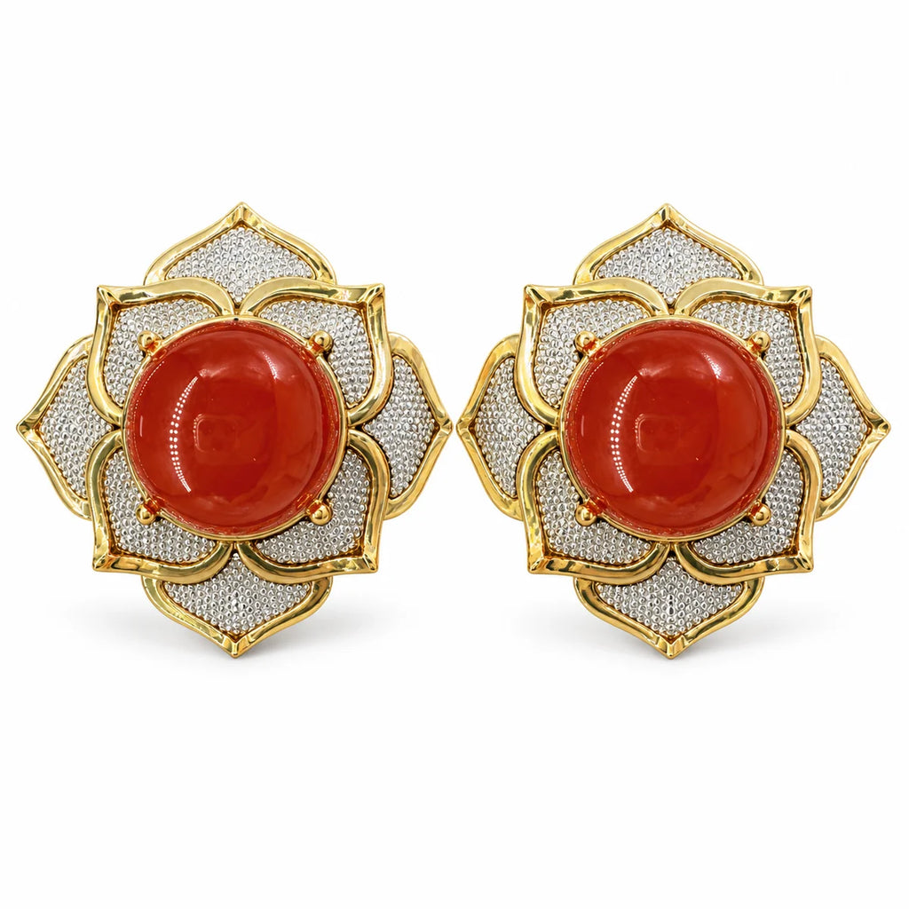 Gilded Mandala Red Agate Statement Earrings