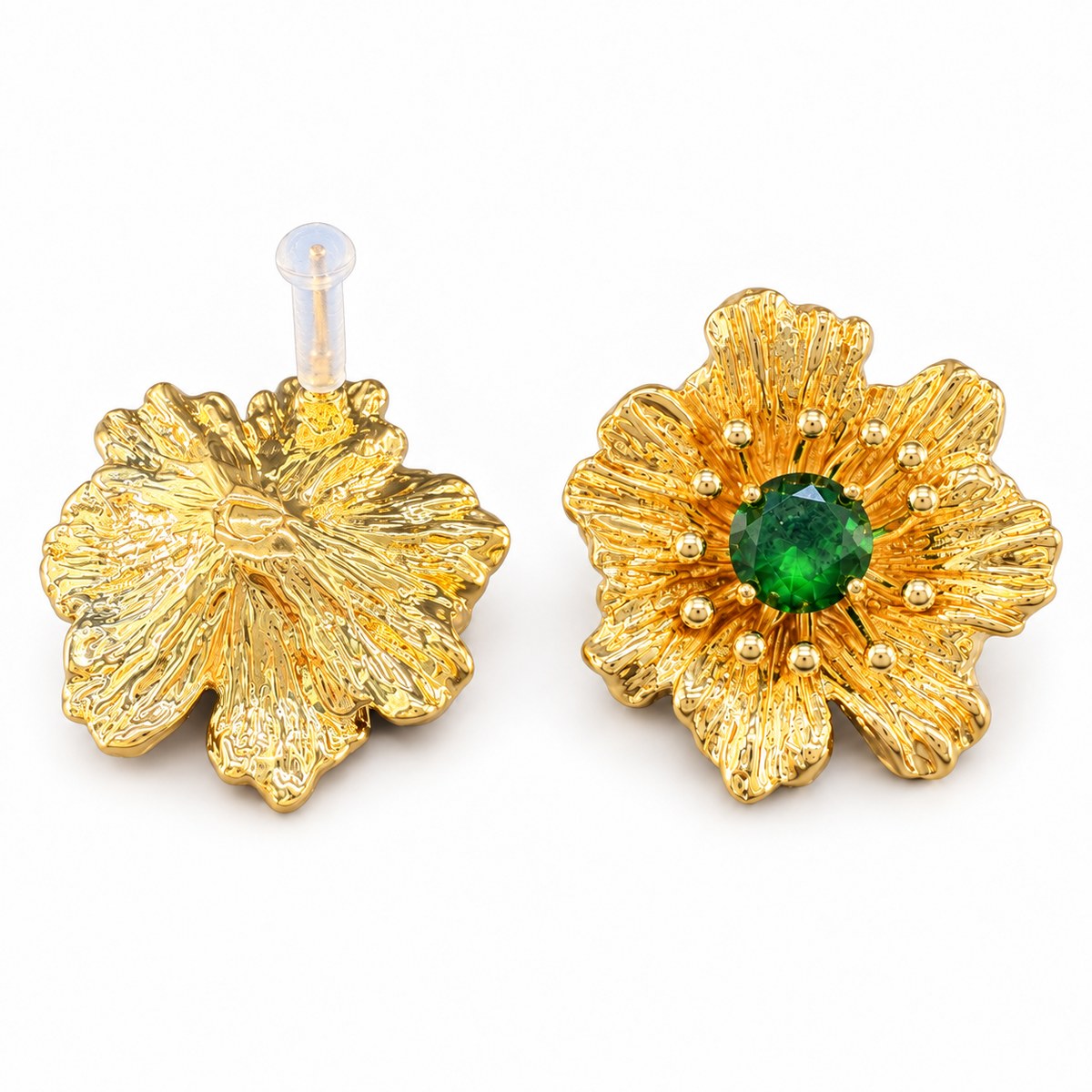 Front and back view of flower stud earrings showing the green rhinestone, textured reverse and post.