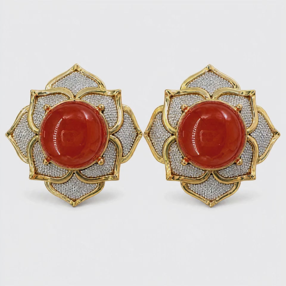 Gilded Mandala Red Agate Statement Earrings