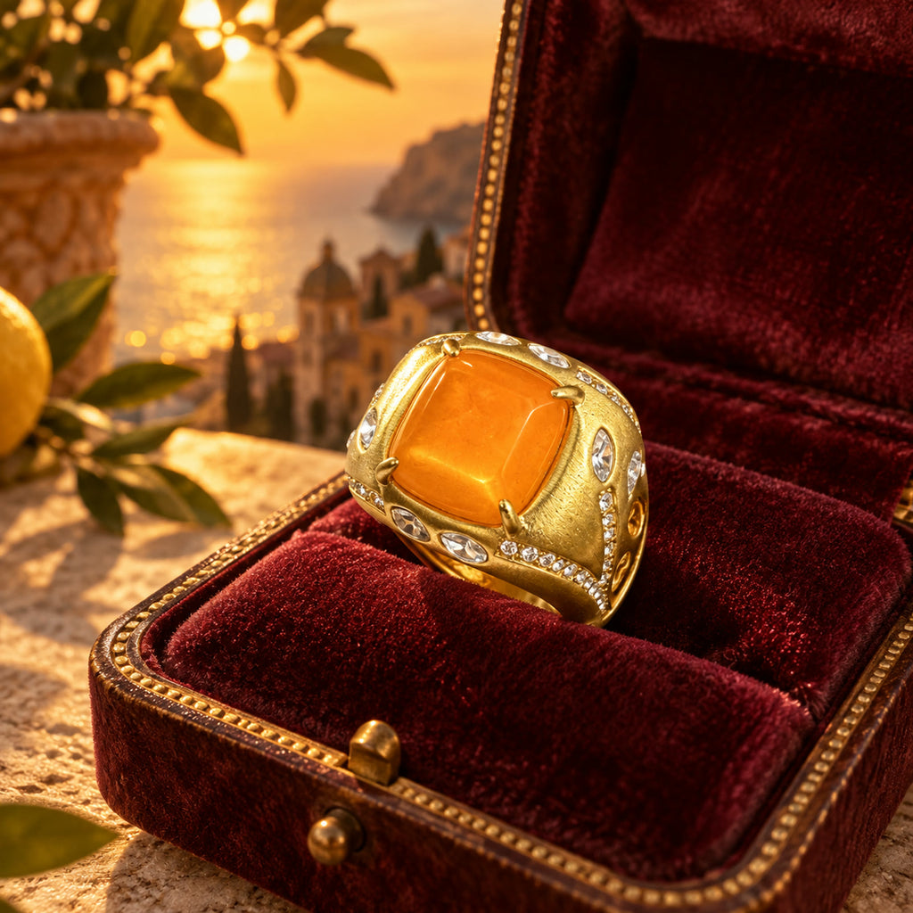 Vintage amber gold-plated cocktail ring displayed in a burgundy jewelry box