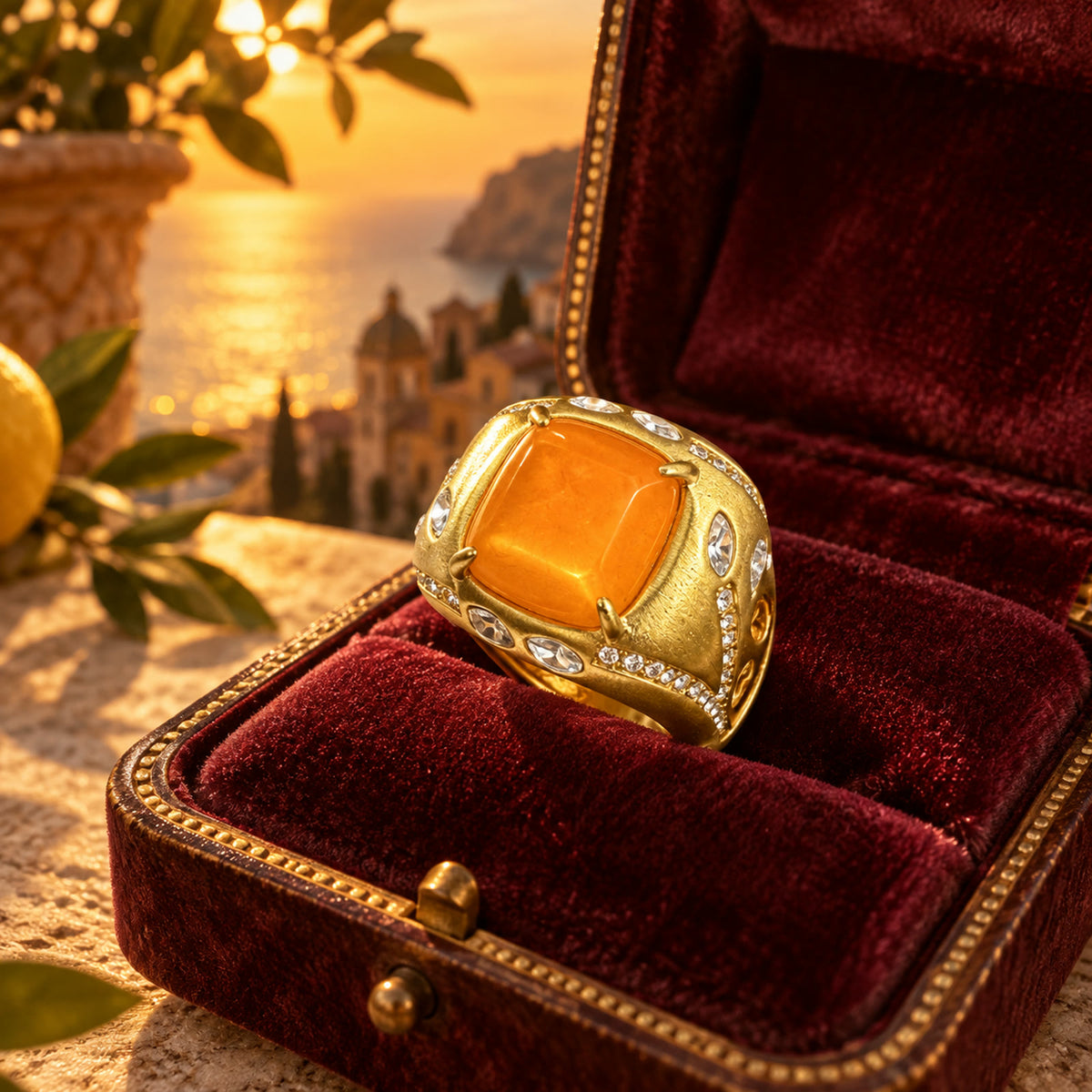 Vintage amber gold-plated cocktail ring displayed in a burgundy jewelry box