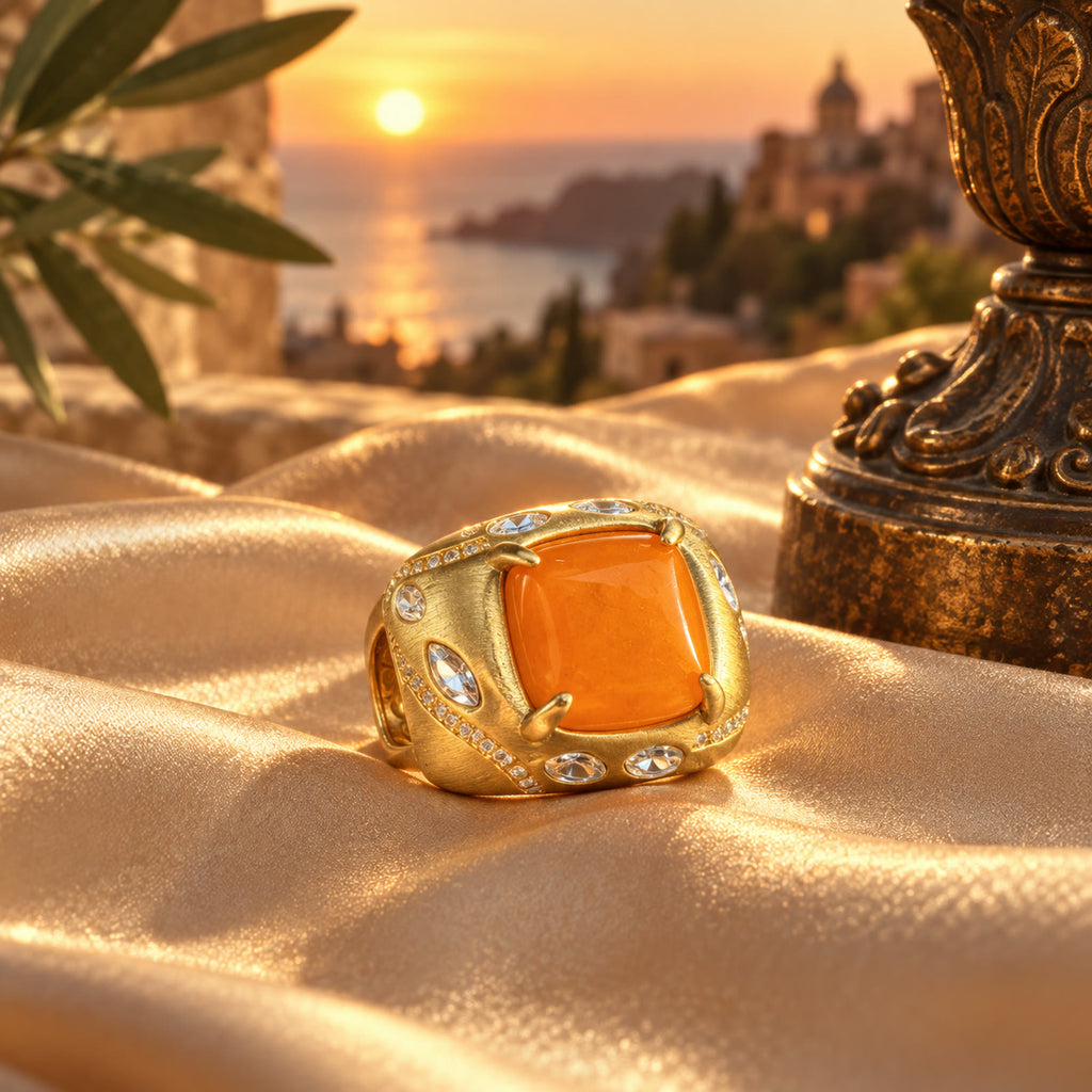 Vintage orange amber gold-plated statement ring styled on champagne silk