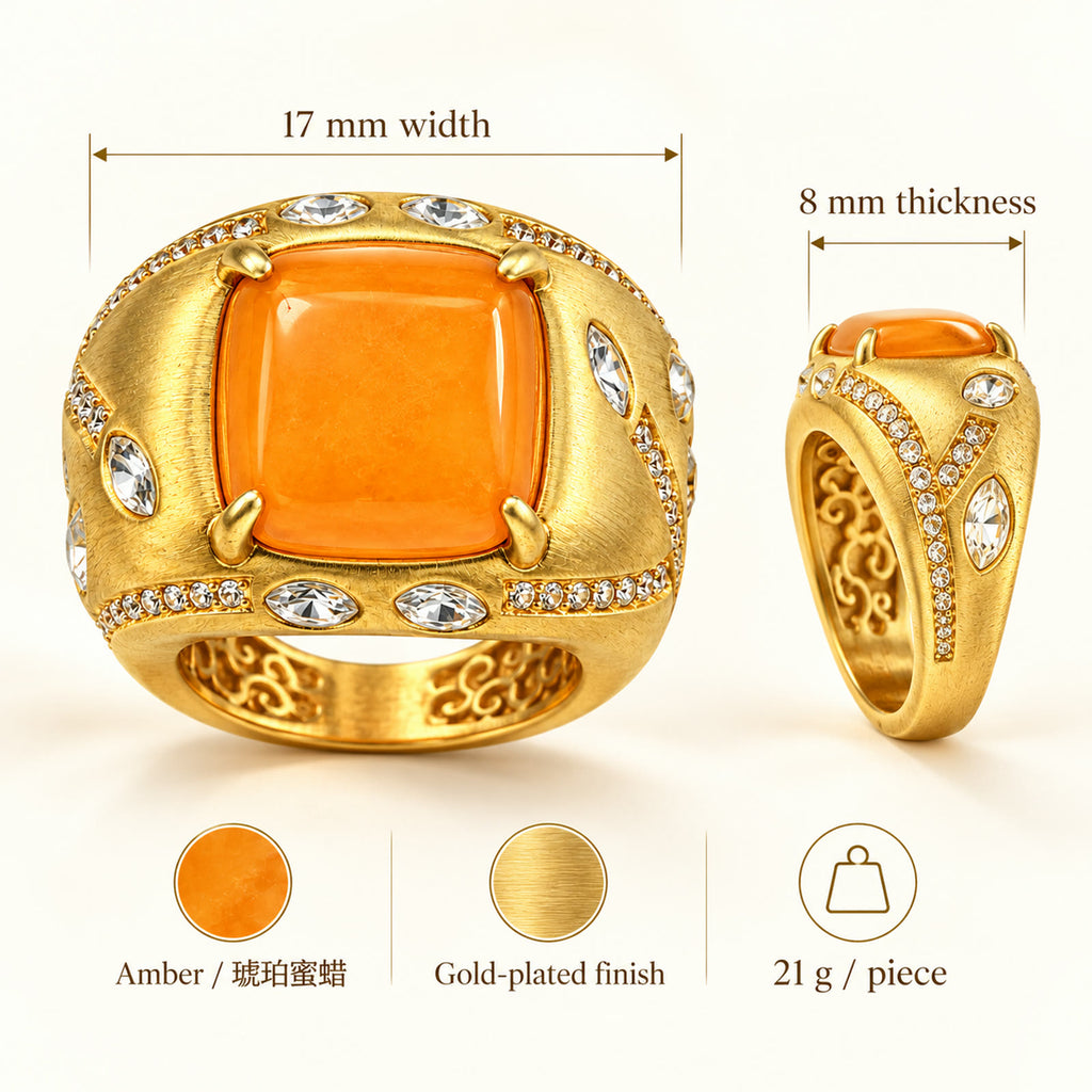 17 mm vintage amber gold-plated cocktail ring with 8 mm thickness and material details