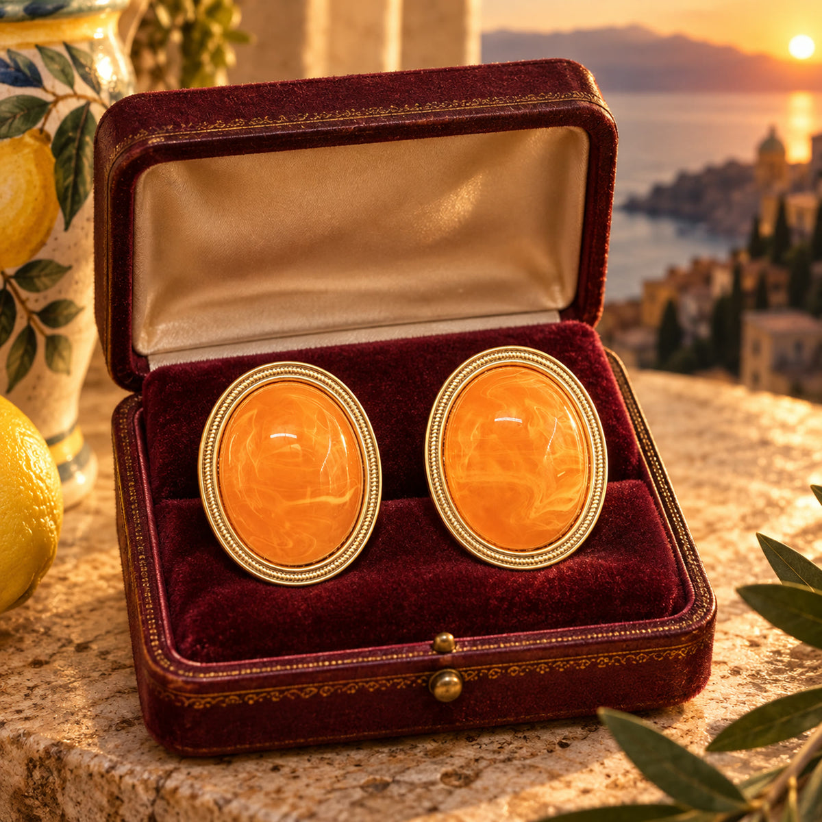 Vintage amber gold-plated oval earrings displayed in a burgundy jewelry box