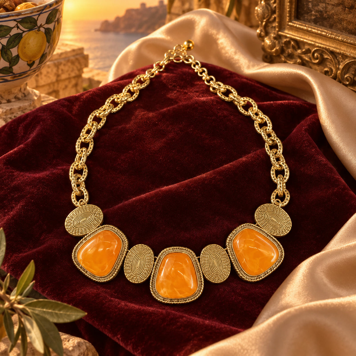 Vintage amber gold-plated necklace styled on burgundy velvet and champagne silk