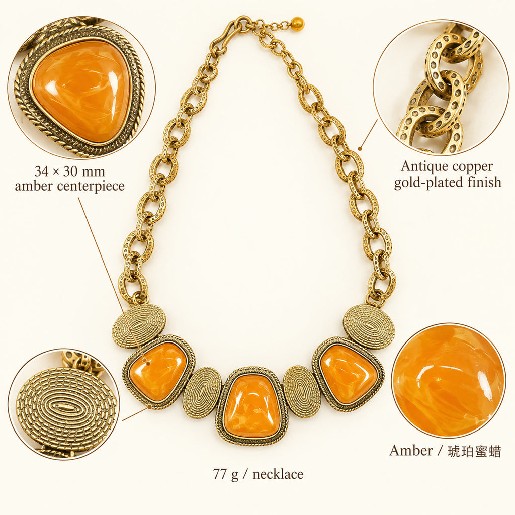 34 by 30 mm amber centerpiece and 77 g vintage gold-plated necklace material details