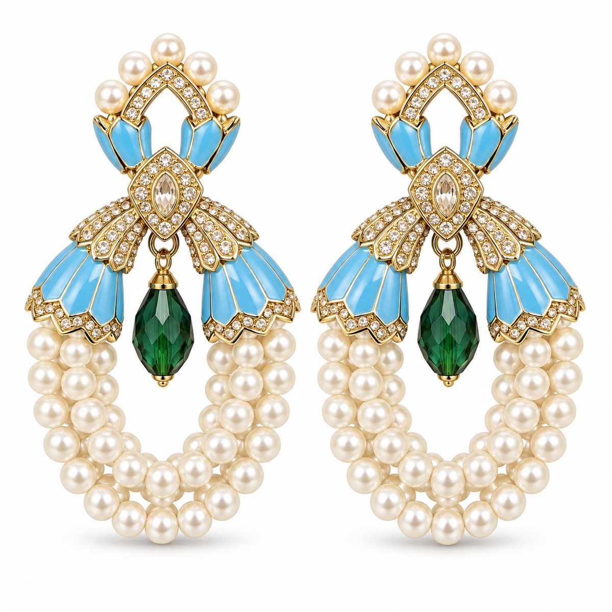 Pair of vintage blue enamel shell pearl earrings with green drops on a white background.