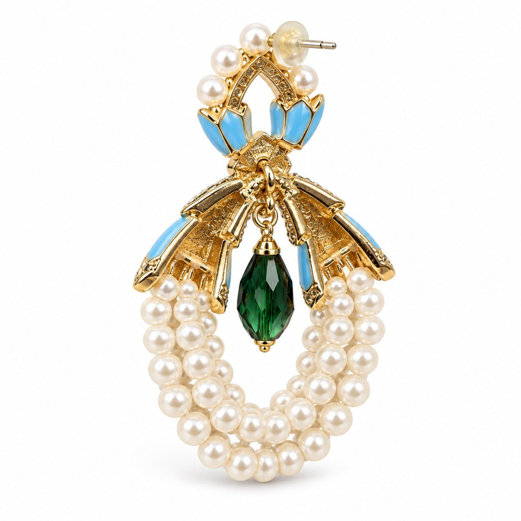 Back view showing the earring post, connecting rings, gold-tone settings and three shell pearl loops.

