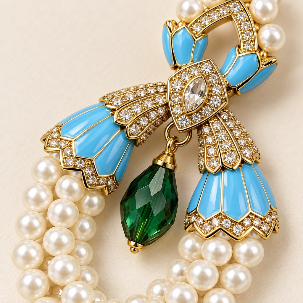 Close-up of blue enamel, clear stone accents, a green drop and ivory shell pearls.
