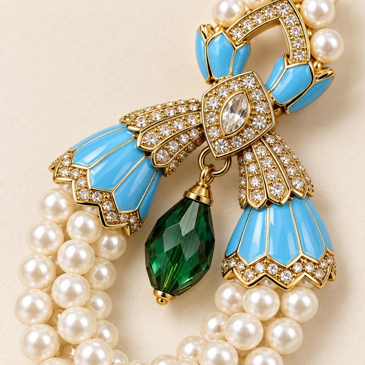 Close-up of blue enamel, clear stone accents, a green drop and ivory shell pearls.
