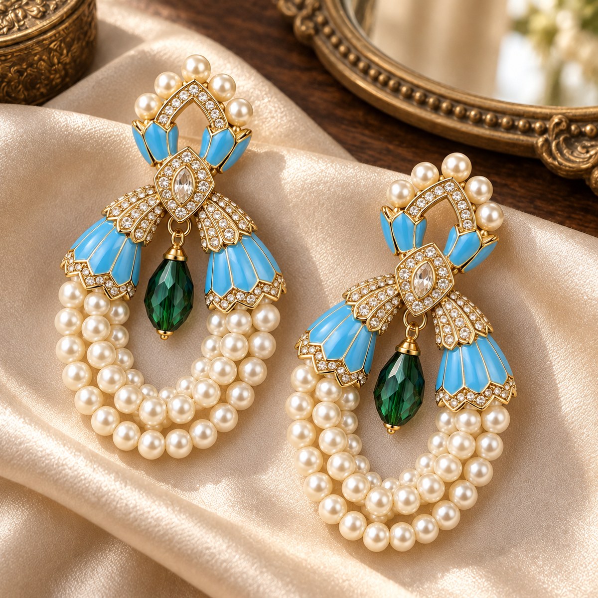 Pair of blue enamel shell pearl earrings on champagne silk beside a vintage mirror.