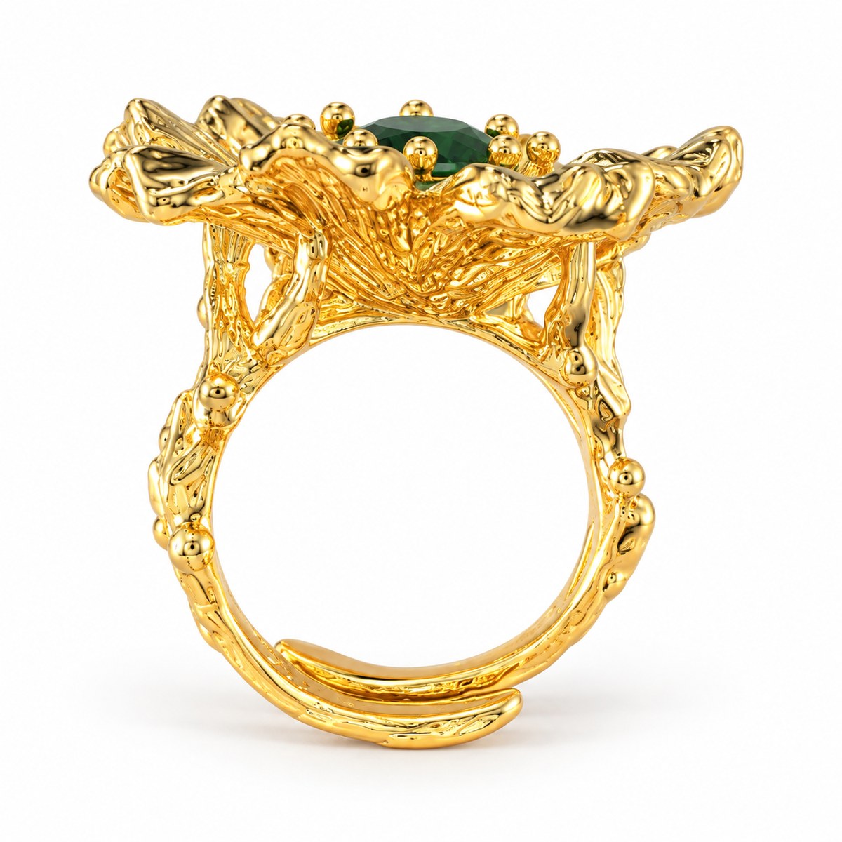 Side view of the flower ring showing raised petals, branching supports and an open band.