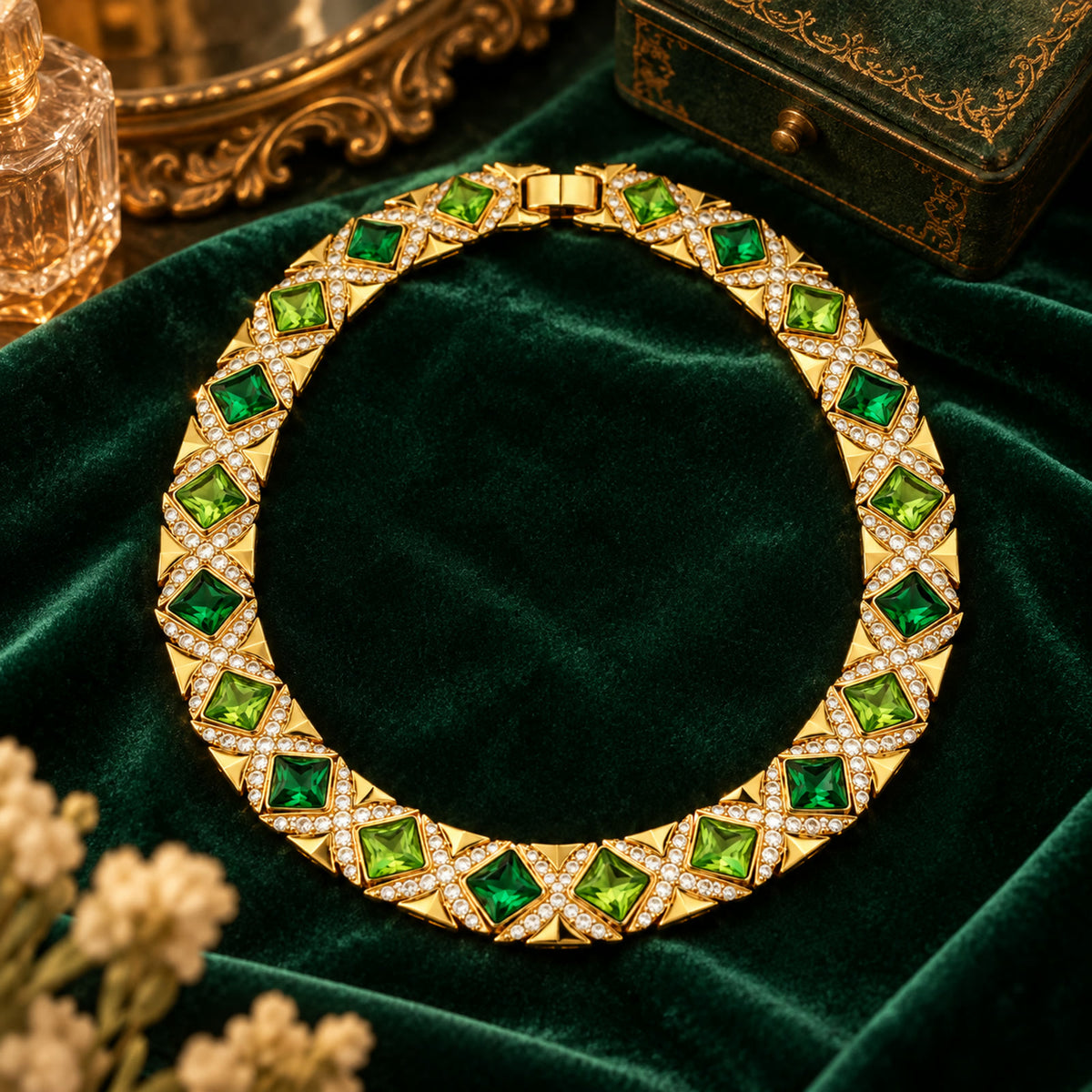 Gold-plated geometric necklace with green rhinestones styled on champagne silk