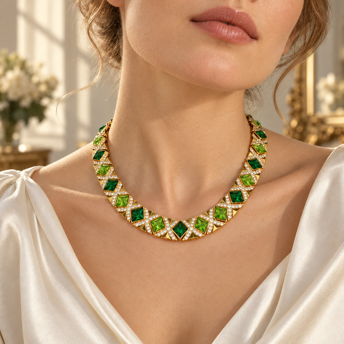 European woman wearing a vintage gold-plated green rhinestone necklace with a cream blouse