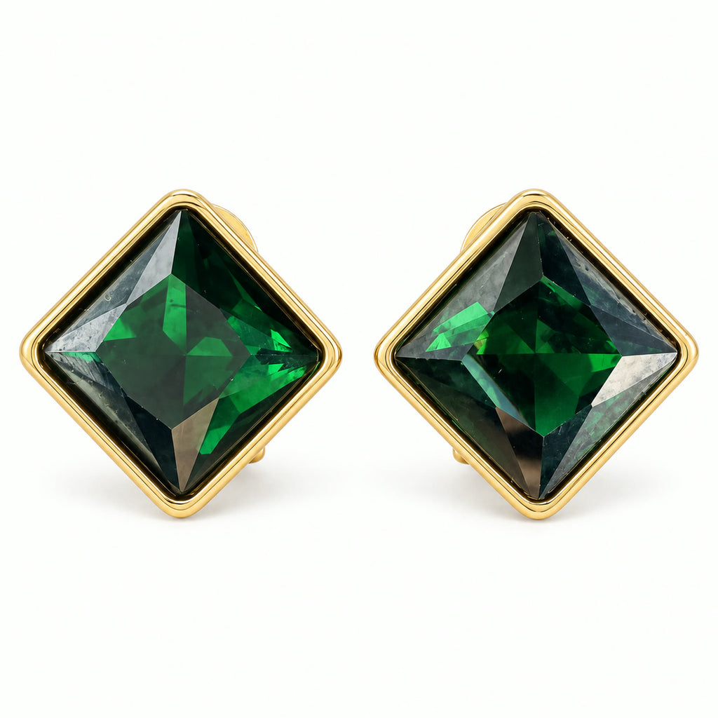 Vintage 17mm gold-plated square earrings with green rhinestones on a white background