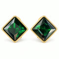Vintage 17mm gold-plated square earrings with green rhinestones on a white background