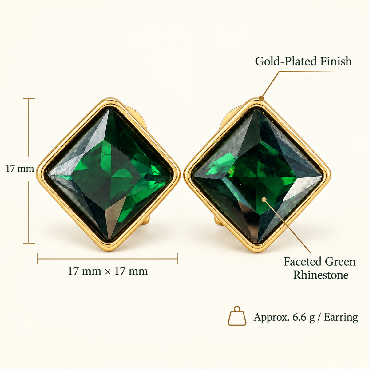 Gold-plated emerald green rhinestone square earrings with 17mm dimensions and 6.6g weight per earring