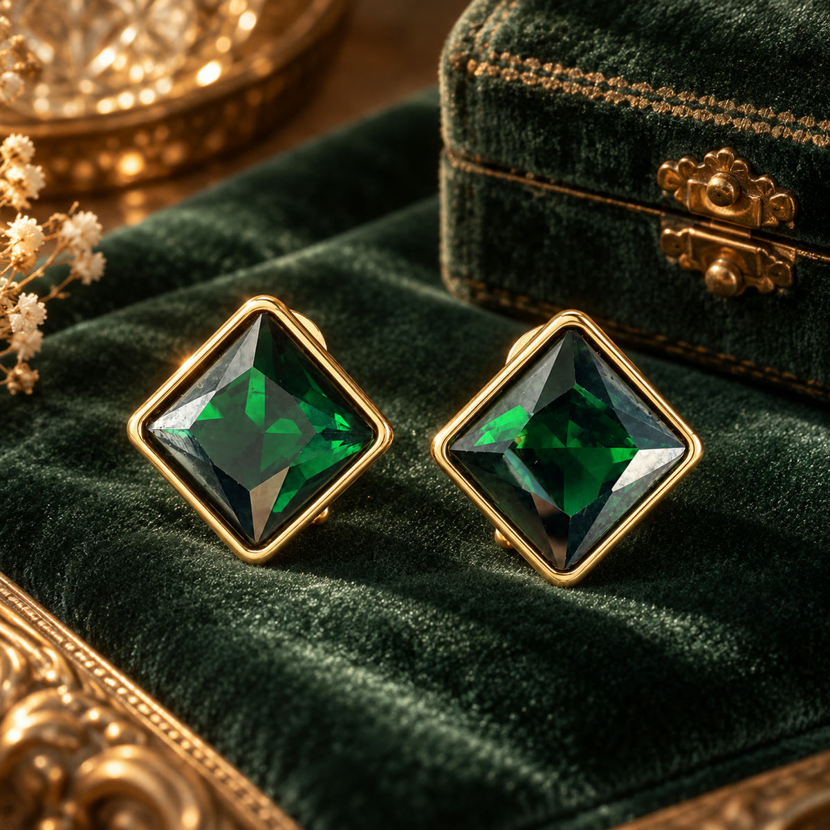Vintage gold-plated green rhinestone earrings displayed on dark green velvet